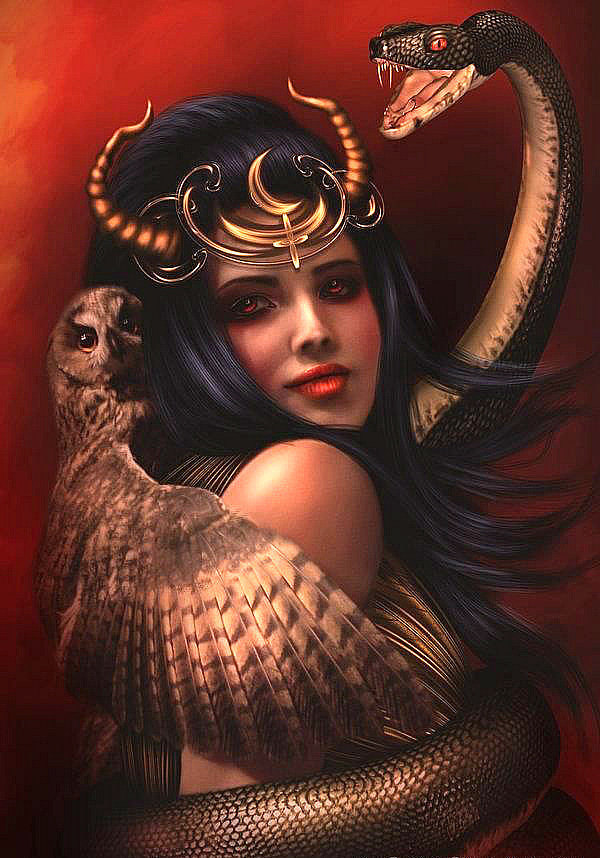 Девушка-богиня - девушка богиня, змея, сова, змей, фэнтези - оригинал