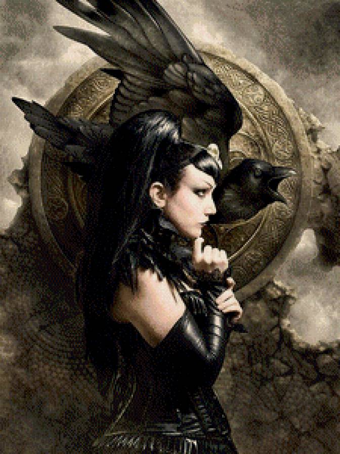 Девушка-богиня - фэнтези, девушка богиня, ворон, орел - предпросмотр