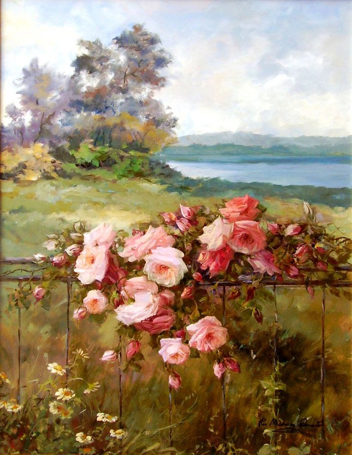 пейзаж с розами - живопись, цветы, пейзаж, забор, розы, природа - оригинал