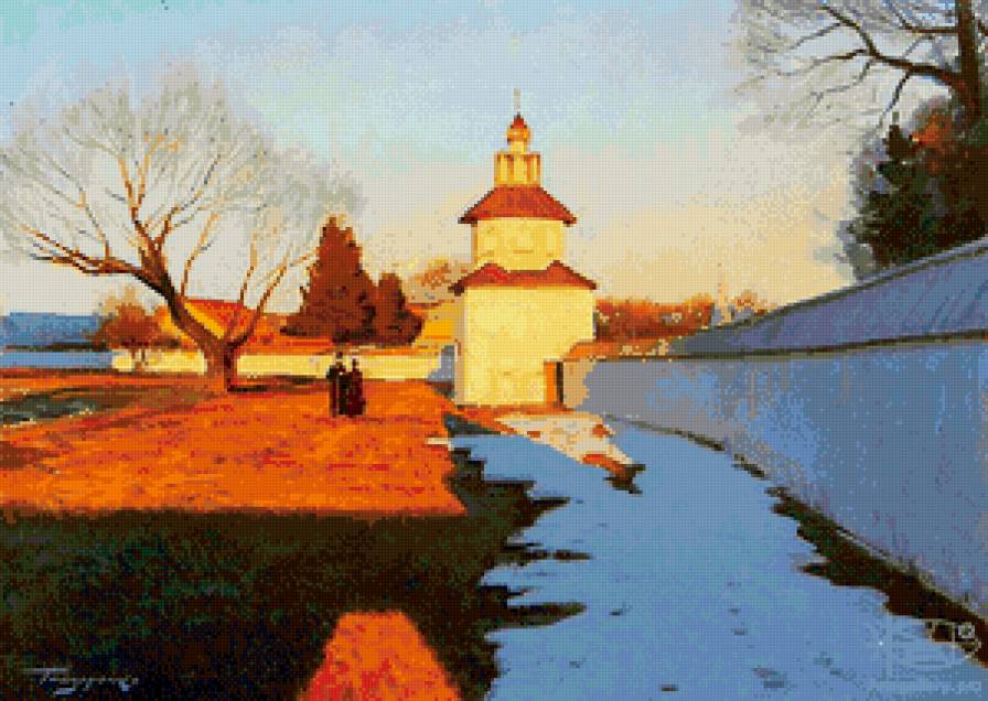 святое место - церковь, живопись, пейзаж, зима, монах, храм, монастырь - предпросмотр