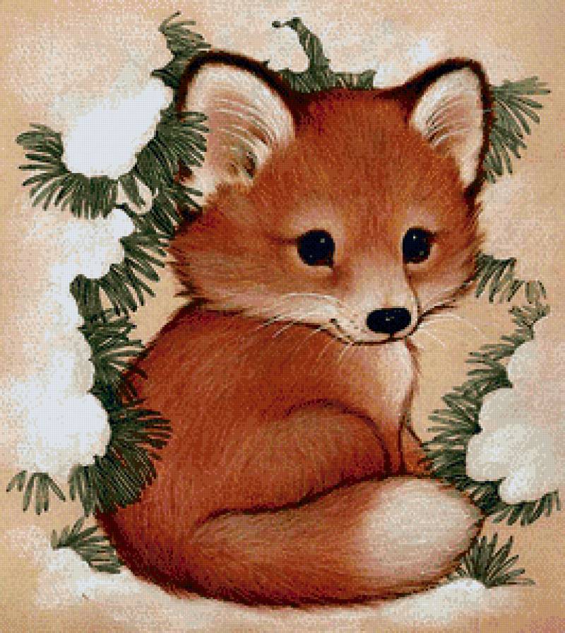 Серия "Забавные зверюшки" - рисунок, елка, лисенок, малыш, зима - предпросмотр