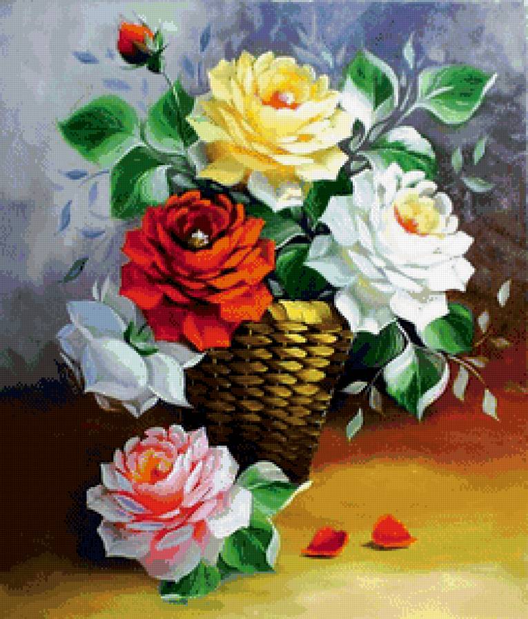 букет роз в корзине - розы, живопись, ваза, корзина, натюрморт, нежность, букет, цветы - предпросмотр