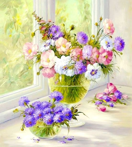 нежные цветы на подоконнике - окно, натюрморт, цветы, живопись, ваза, букет, неежность - оригинал
