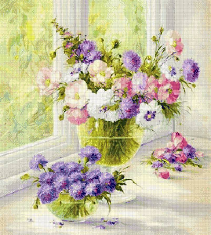 нежные цветы на подоконнике - ваза, неежность, букет, натюрморт, живопись, окно, цветы - предпросмотр