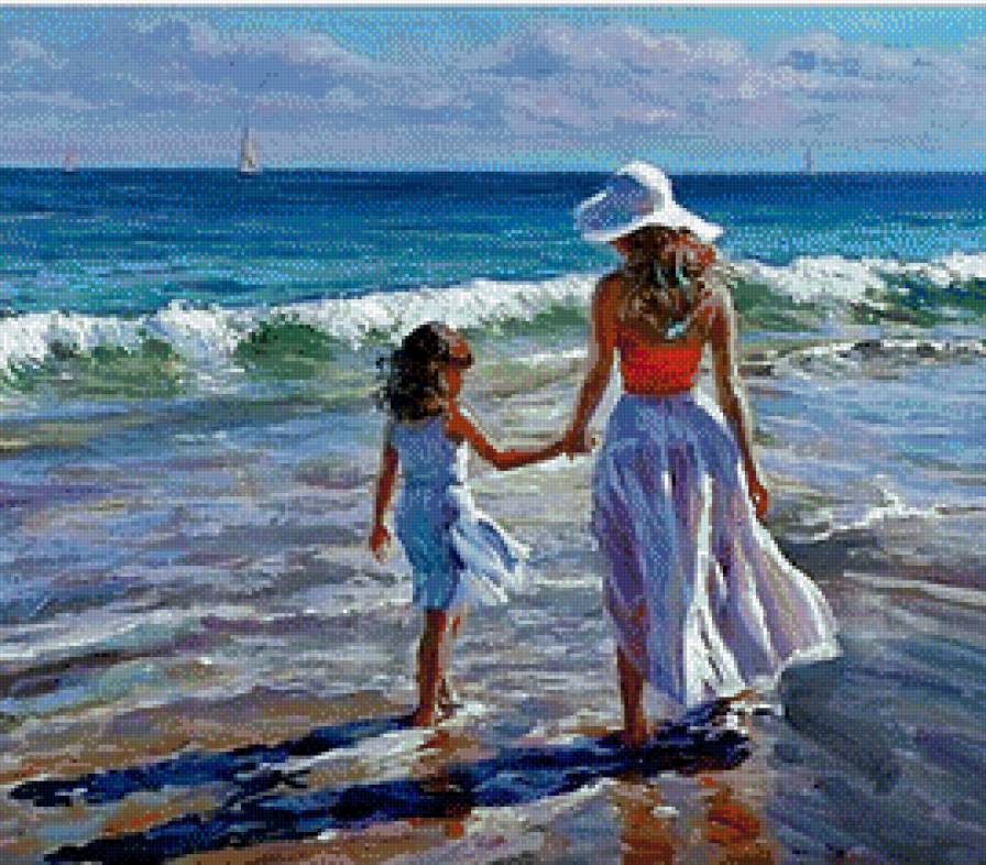 Прогулка по берегу моря - картина, люди - предпросмотр