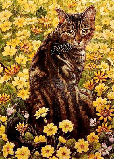 Серия "Домашние любимцы" - кот, поляна, тигр, цветы, котик, полосатик - оригинал