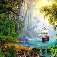 Схема вышивки «море, корабль, лес, попугай.»