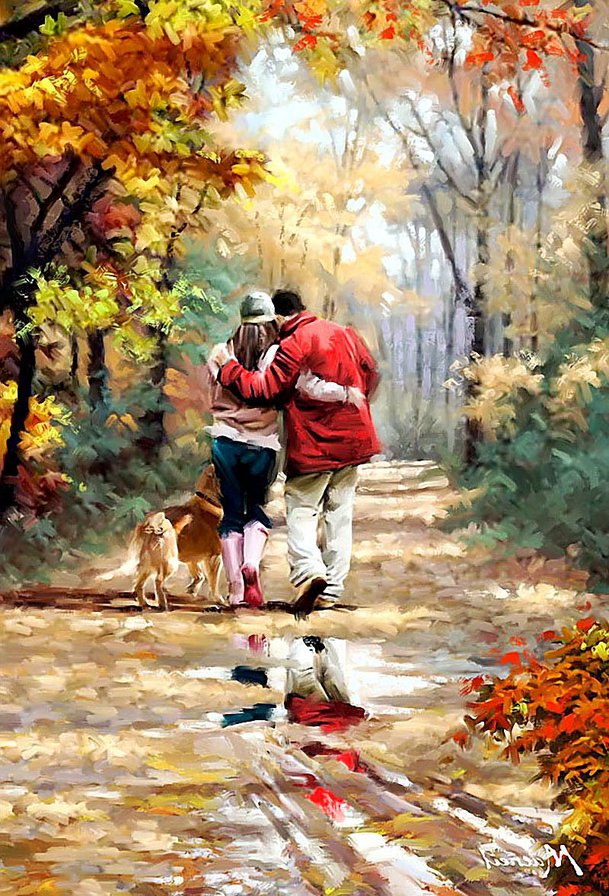 двое в осеннем парке - счастье, семья, двое, парк, любовь, собака, осень, пара - оригинал