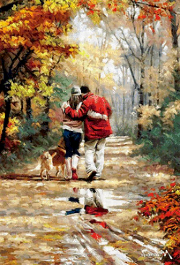 двое в осеннем парке - осень, семья, счастье, пара, собака, двое, любовь, парк - предпросмотр