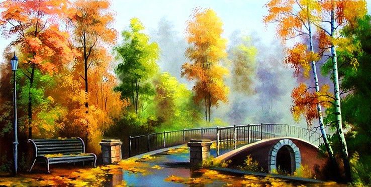 мост в осеннем парке - парк, река, живопись, осень, скамейка, природа, акварель, мост - оригинал