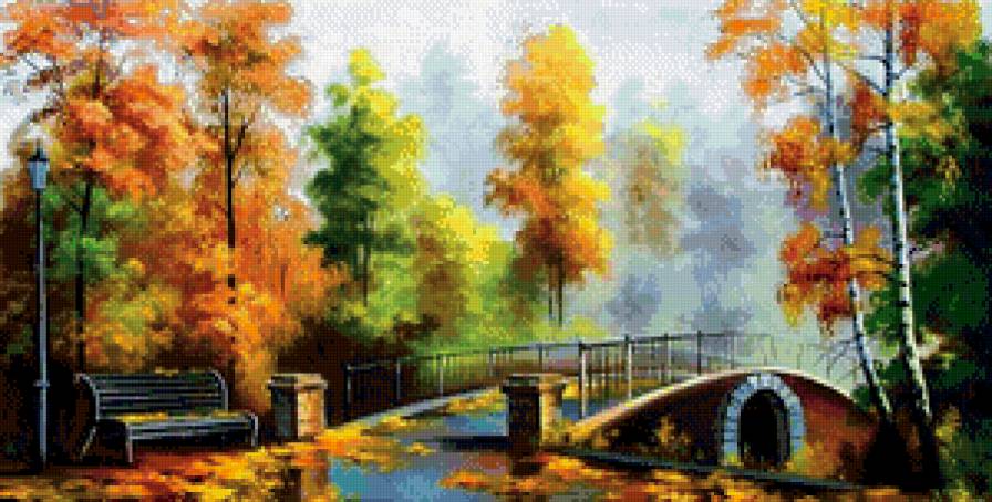 мост в осеннем парке - осень, скамейка, мост, парк, природа, живопись, акварель, река - предпросмотр