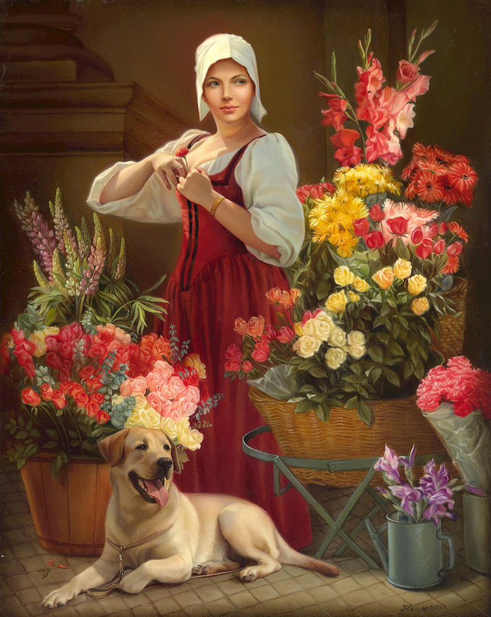 Цветочница - собака, люди, цветы - оригинал