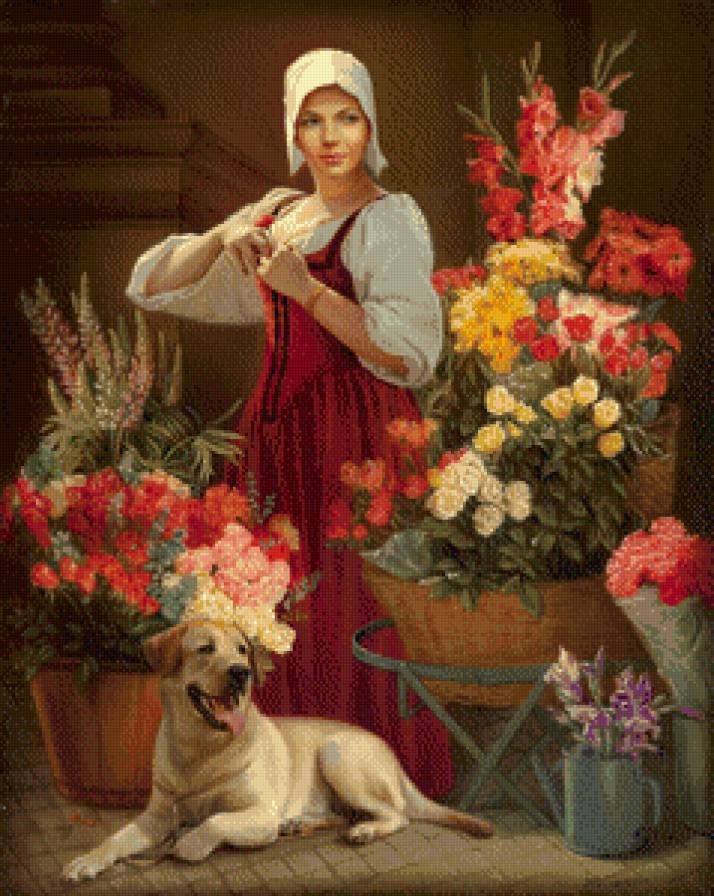 Цветочница - собака, люди, цветы - предпросмотр