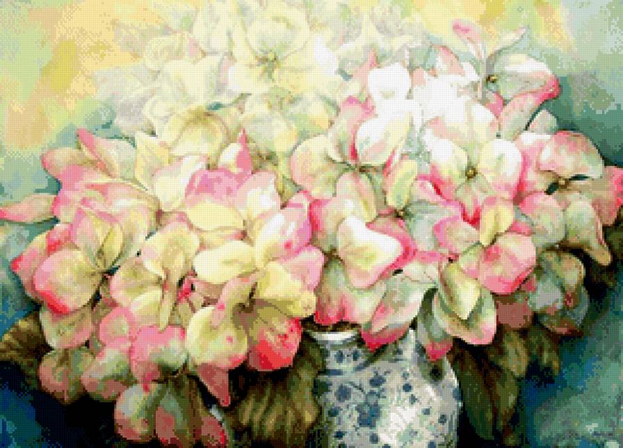 акварельные гортензии - акварель, цветы, гортензии, ваза, живопись - предпросмотр