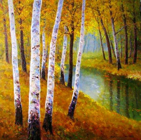 осень в берёзовой роще - роща, природа, березы, золото, дерево, река, живопись, осень - оригинал