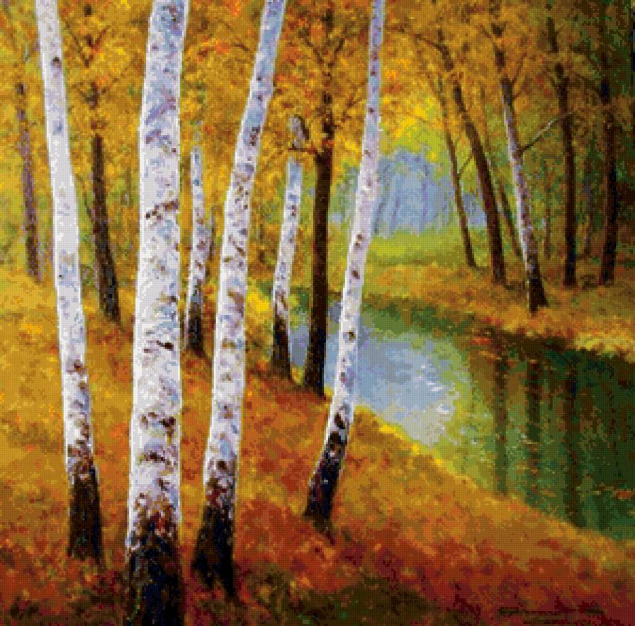 осень в берёзовой роще - роща, живопись, березы, природа, река, золото, осень, дерево - предпросмотр