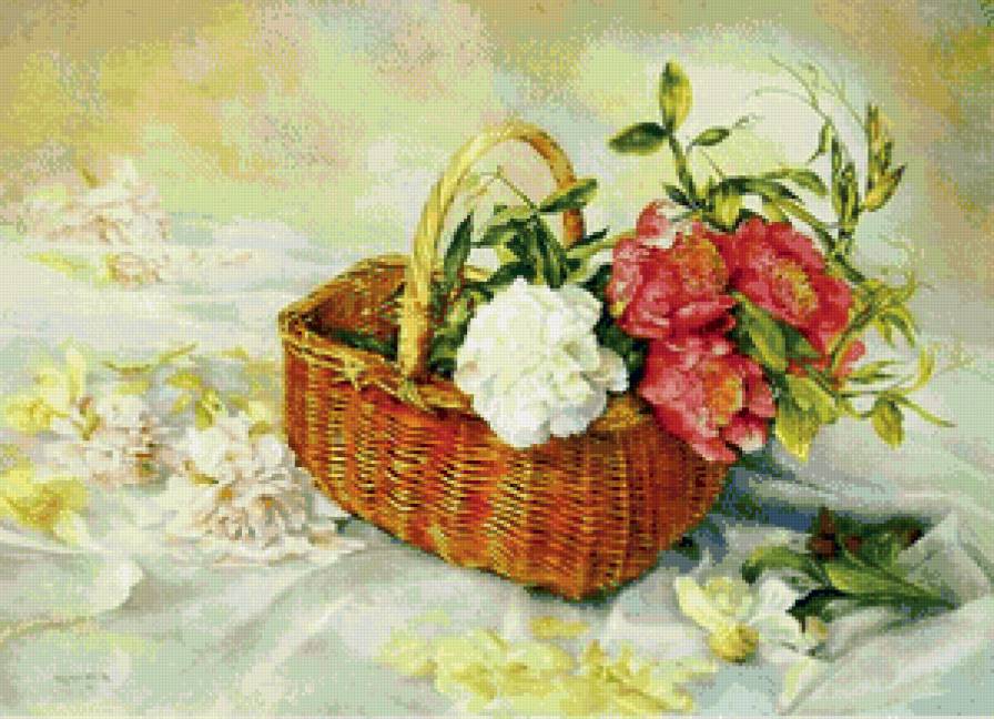 пионы в корзине - живопись, весна, пионы, букет, цветы, натюрморт, корзина - предпросмотр
