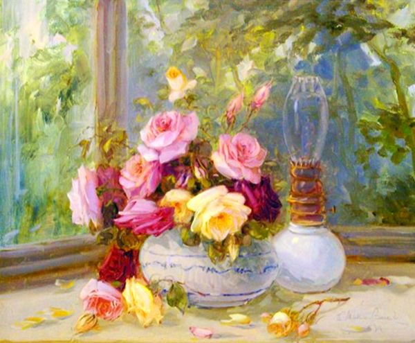 нежные розы на подоконнике - ваза, букет, окно, нежность, живопись, цветы, натюрморт, розы - оригинал