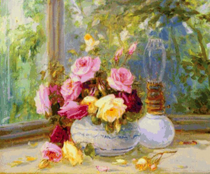 нежные розы на подоконнике - букет, цветы, натюрморт, нежность, ваза, розы, живопись, окно - предпросмотр