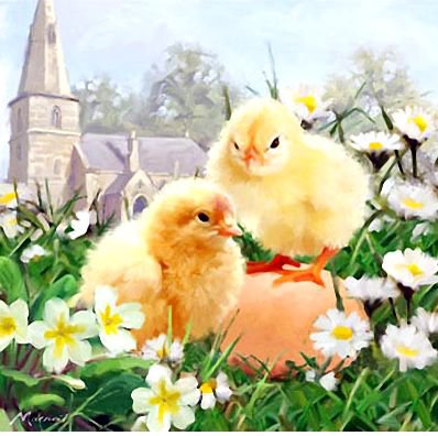 пасхальные цыплята - праздник, цветы, ромашки, пасха, цыплята, церковь, весна - оригинал