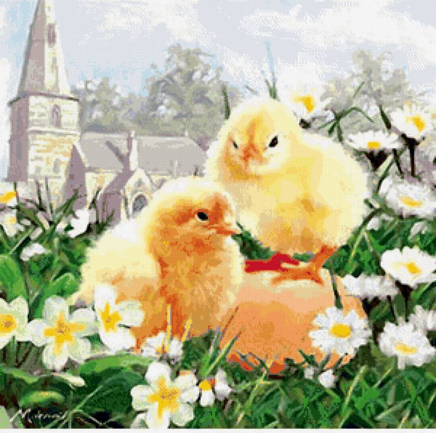 пасхальные цыплята - весна, цветы, цыплята, пасха, ромашки, праздник, церковь - предпросмотр