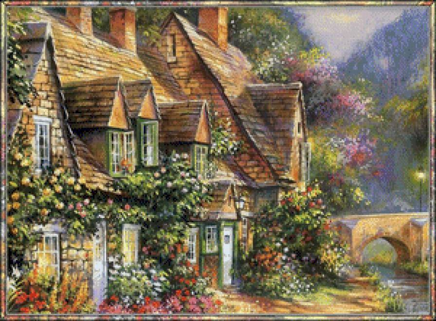 домик в цветах - домик, цветы, постройка, мостик - предпросмотр