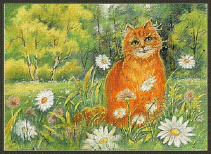 Ромашковая кошка. Рыжий котик с ромашкой. Картины с кошками. Летний кот. Рыжий котенок в ромашках.