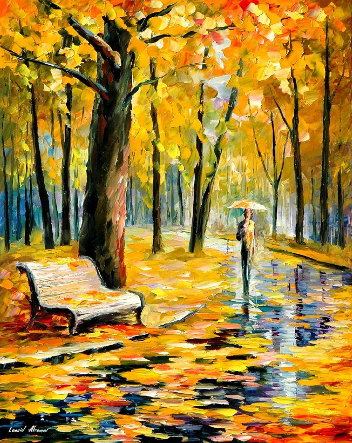 FALL RAIN By Leonid Afremov - зонт, пейзаж, афремов, дождь, скамейка, осень - оригинал