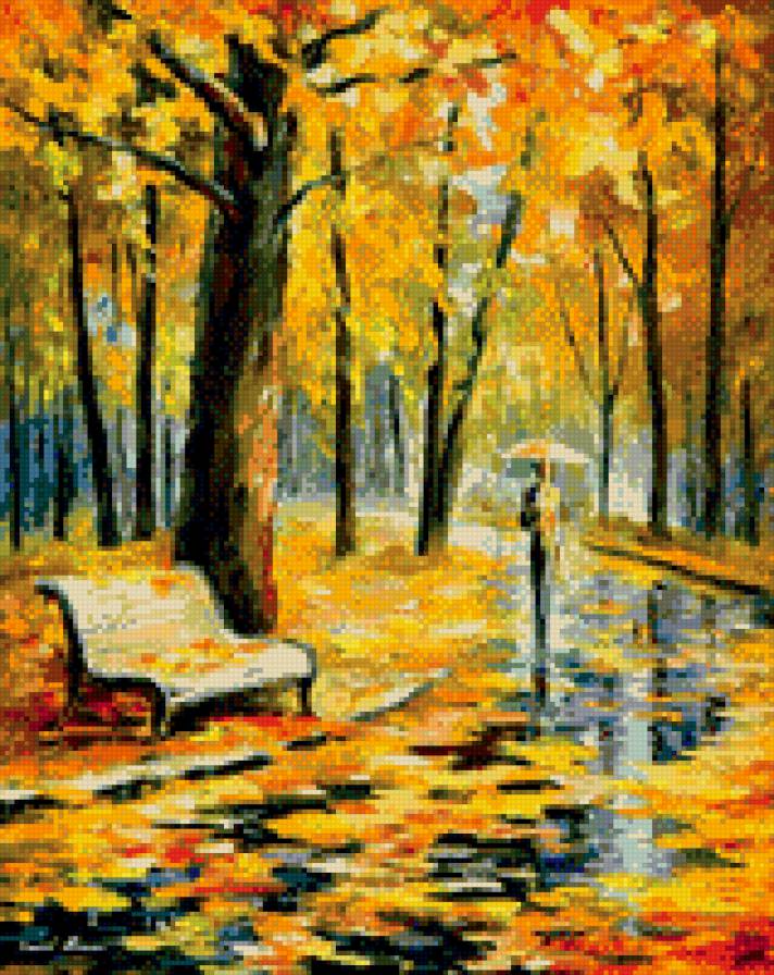 FALL RAIN By Leonid Afremov - дождь, пейзаж, афремов, зонт, скамейка, осень - предпросмотр