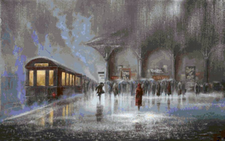 вокзал - поезд вокзал дождь люди городской пейзаж - предпросмотр