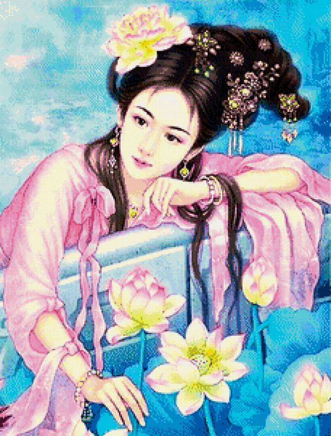 Серия "Нежность востока" - девушка, лотосы, цветы, вода, озеро, японка - предпросмотр