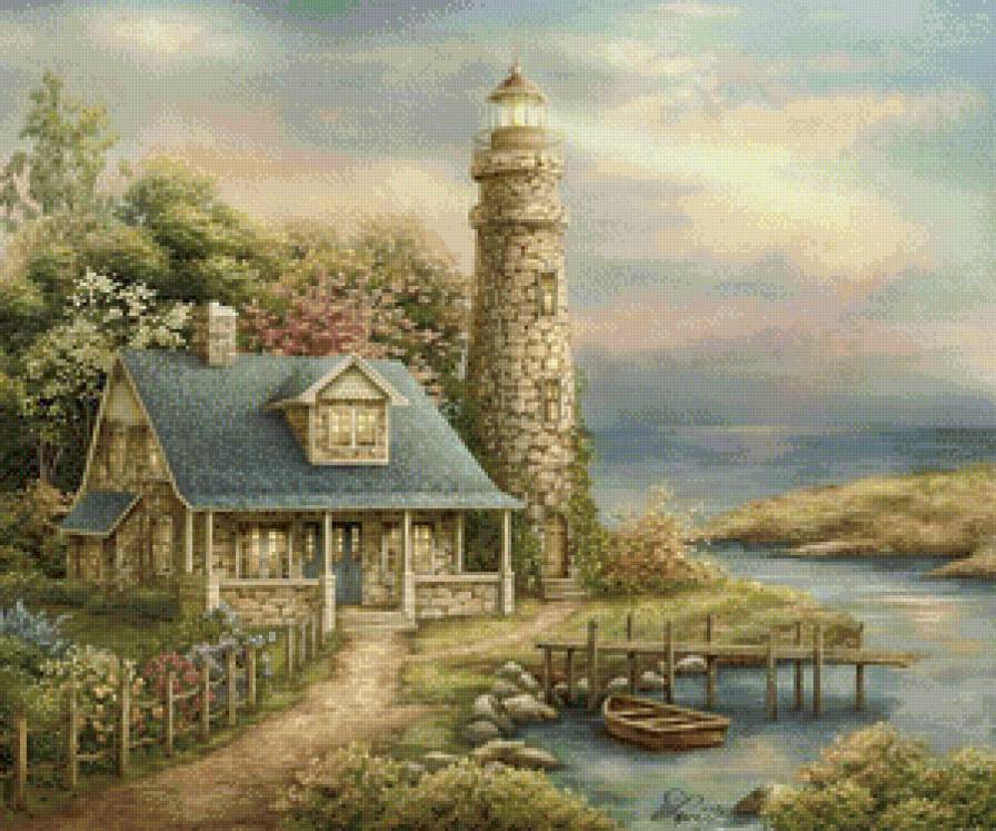 домик с маяком - домик, берег, река - предпросмотр
