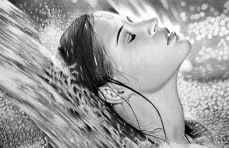 Серия "Женский образ" - водопад, капли, вода, черное и белое, девушка - оригинал