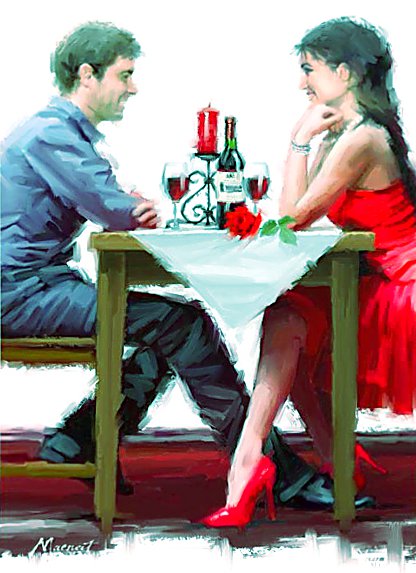 романтический ужин - люди, двое, любовь. акварель, пара, романтика, ужин - оригинал