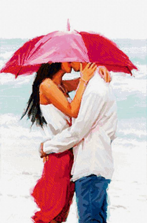 поцелуй под зонтом - зонт, живопись, страсть, пара, город, дождь, поцелуй, люди - предпросмотр