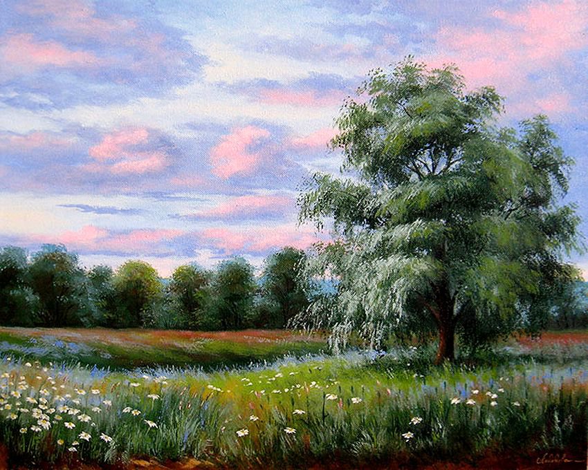 луг на закате - лето, дерево, природа, закат, живопись, пейзаж, луг - оригинал