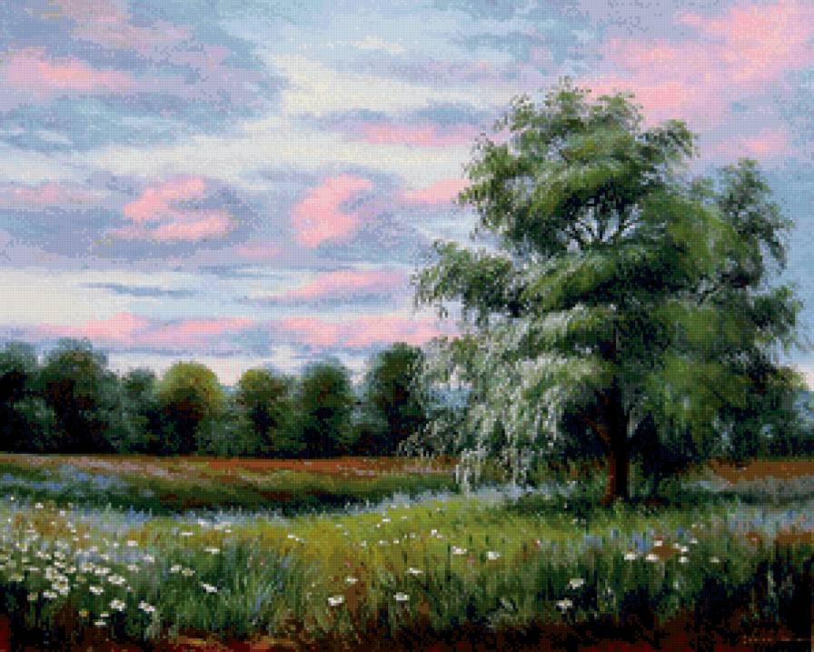 луг на закате - лето, луг, природа, живопись, пейзаж, дерево, закат - предпросмотр