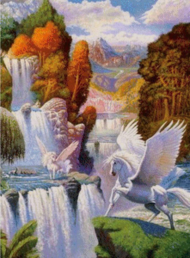 пегас - фентези, сказка, лошадь, лошади, природа, водопад - предпросмотр