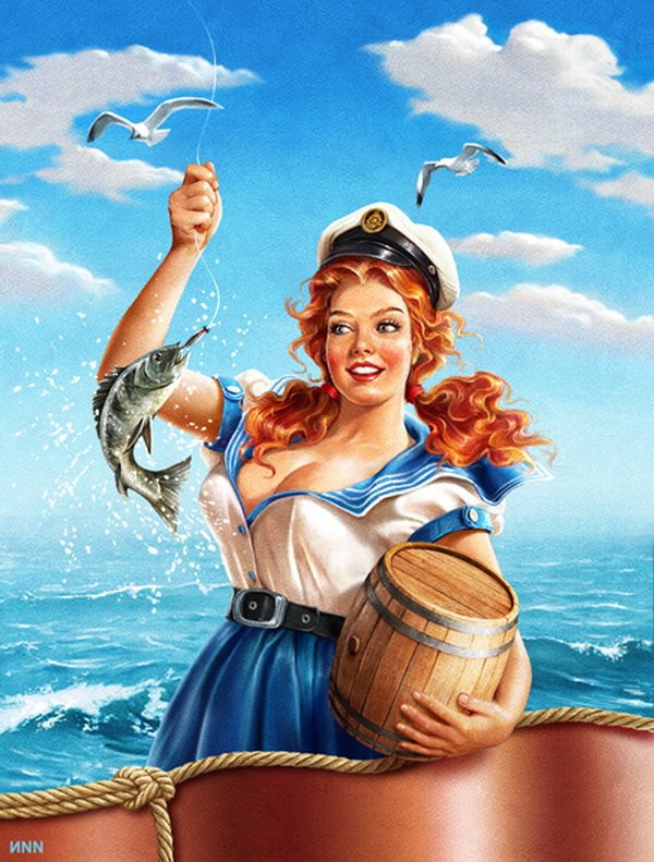 иллюстрации - морячка, бочка, море, девушка, иллюстрации, рыба - оригинал