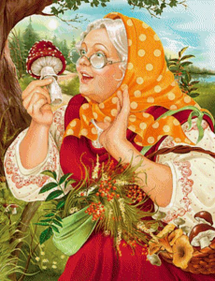 иллюстрации Инны Кузубовой - грибы, иллюстрации, бабушка, лес - предпросмотр
