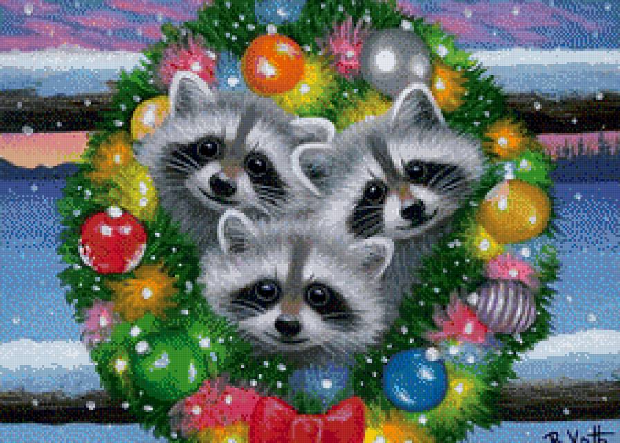 новогодний венок - рождество, еноты, новый год, животные, енот - предпросмотр