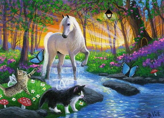 лошадка и котята - лошади, сказка, кони, кошка, лошадь, лошадка, животные, бабочки, котики - оригинал