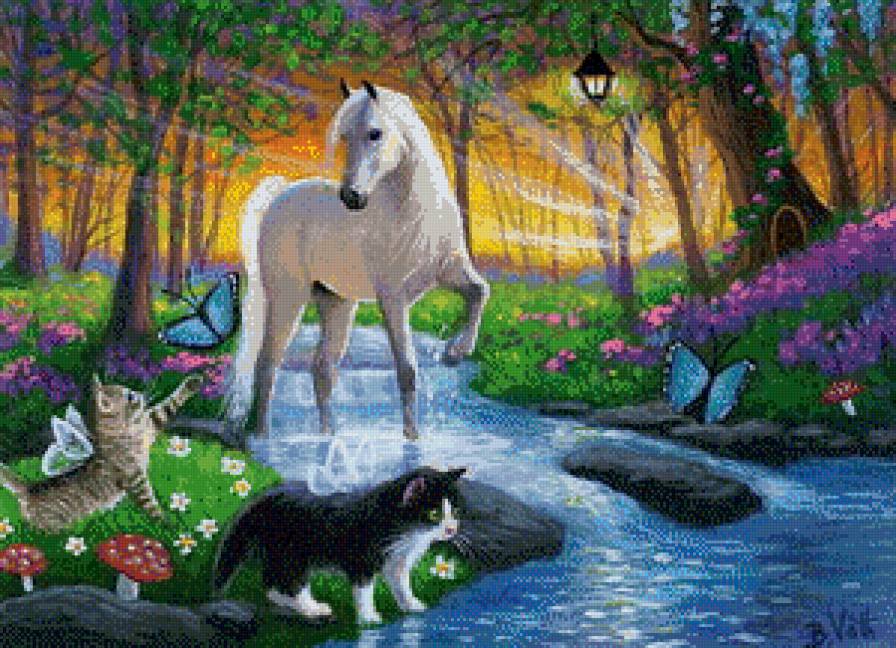 лошадка и котята - кошка, сказка, лошадка, лошадь, бабочки, кони, котики, лошади, животные - предпросмотр
