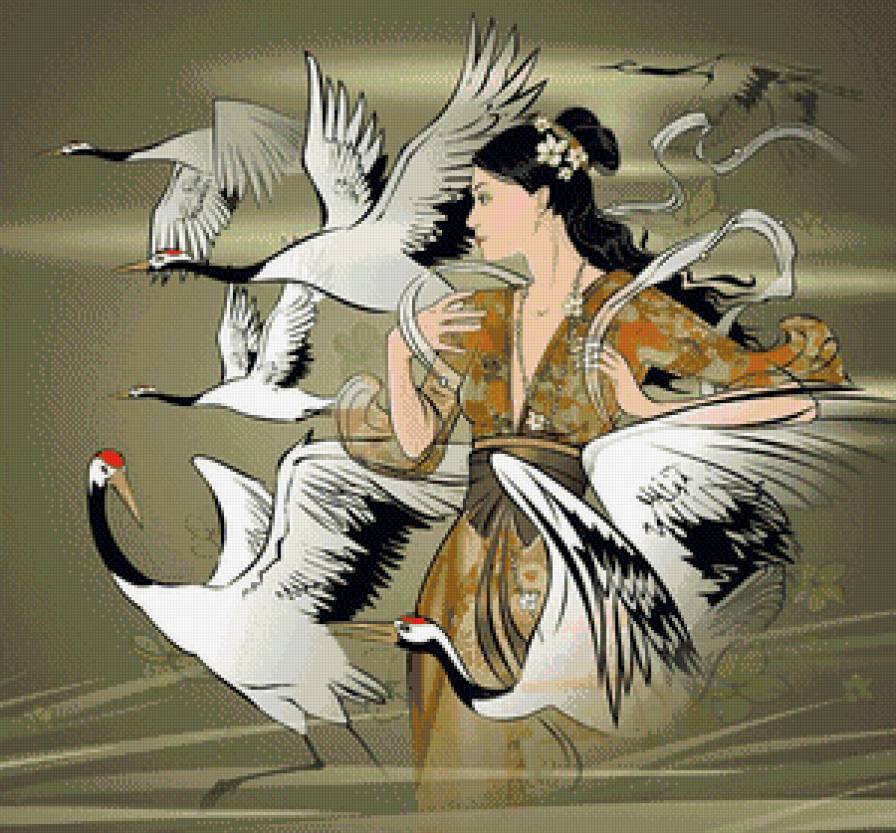 Японка и журавли - девушка, журавли, азия, птицы, красавица, гейша, япония, восток - предпросмотр