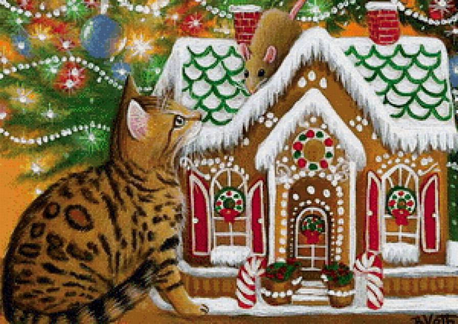 новогодний домик - кот, мышь, животные, котик, кошка, кошки, новый год - предпросмотр