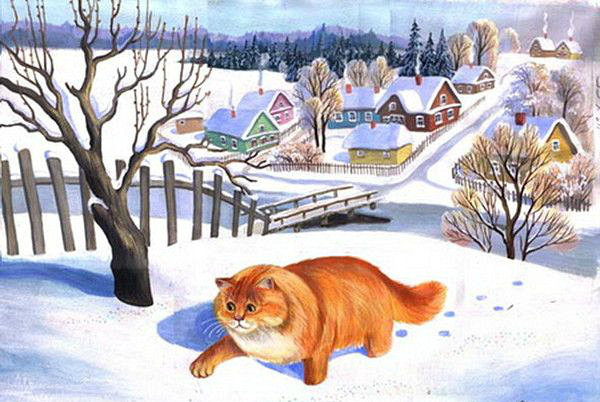 Серия "Домашние любимцы" - деревня, рыжий кот, зима, снег, котик, пейзаж - оригинал