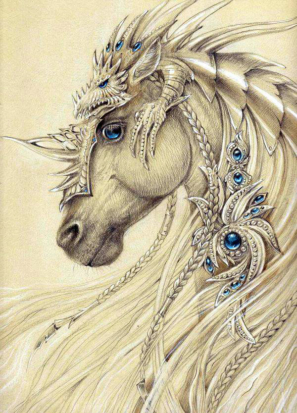 Серия "Лошади, кони" - фентэзи, белый конь, единорог, украшения - оригинал
