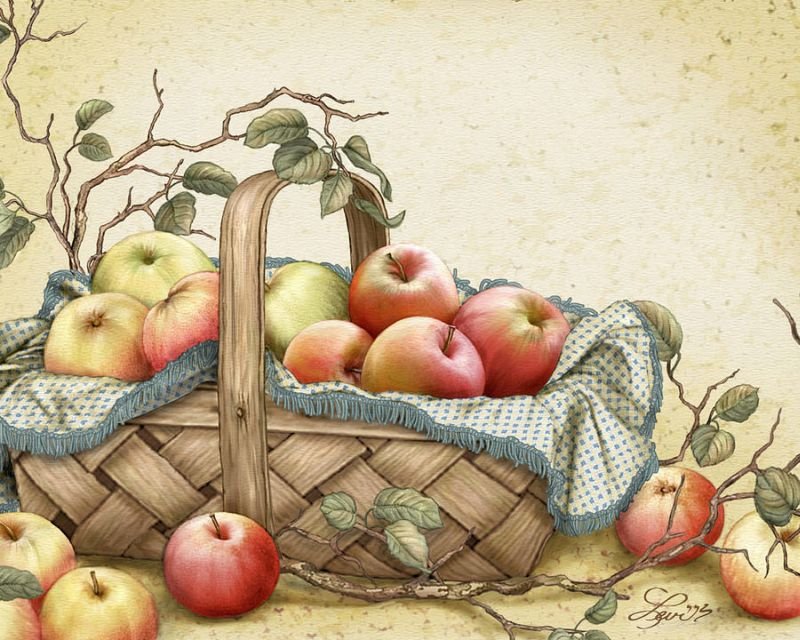 яблочки в корзине - натюрморт, яблоки - оригинал