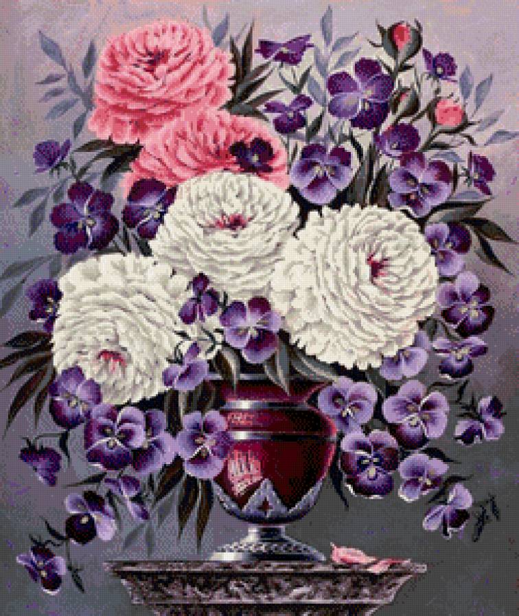 Букет - букет, натюрморт, цветы, пионы, ваза, анютки - предпросмотр