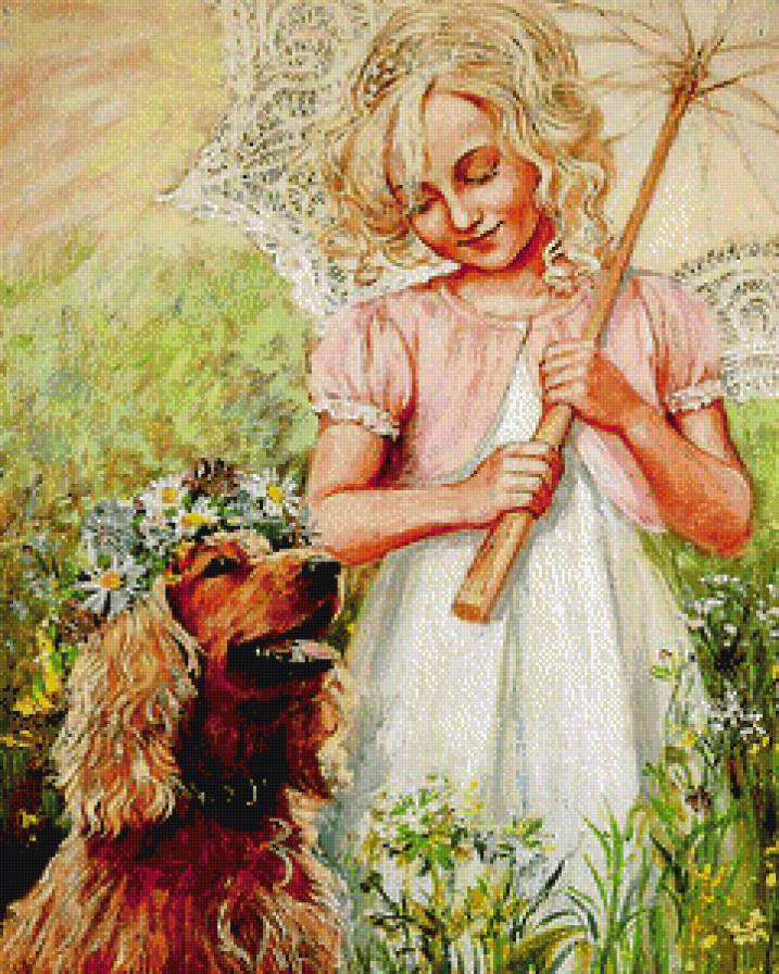 девочка и собака - девочка. собака, природа, зонтик, цветы, дети - предпросмотр